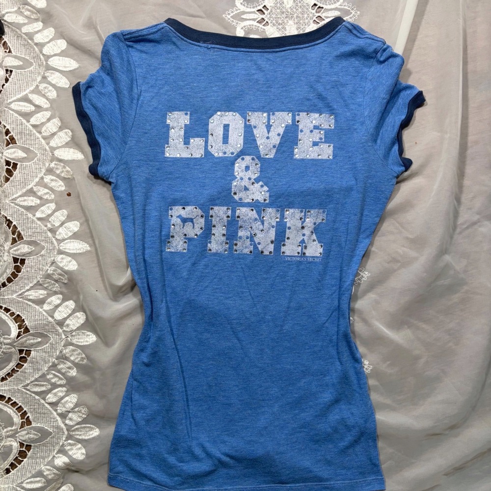 Y2K 2007 Victoria's Secret PINK University Blue Ringer V-Neck Rhinestone Tee M